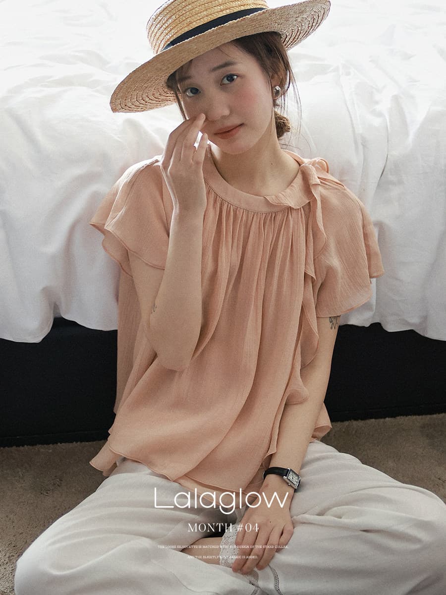 lalaglow Pinellia 달콤한 꿈 하루 종일 실크 프랑스식 프릴 이중층 리본 반팔 여성 셔츠 프로 피부 통기성 상세 이미지 6