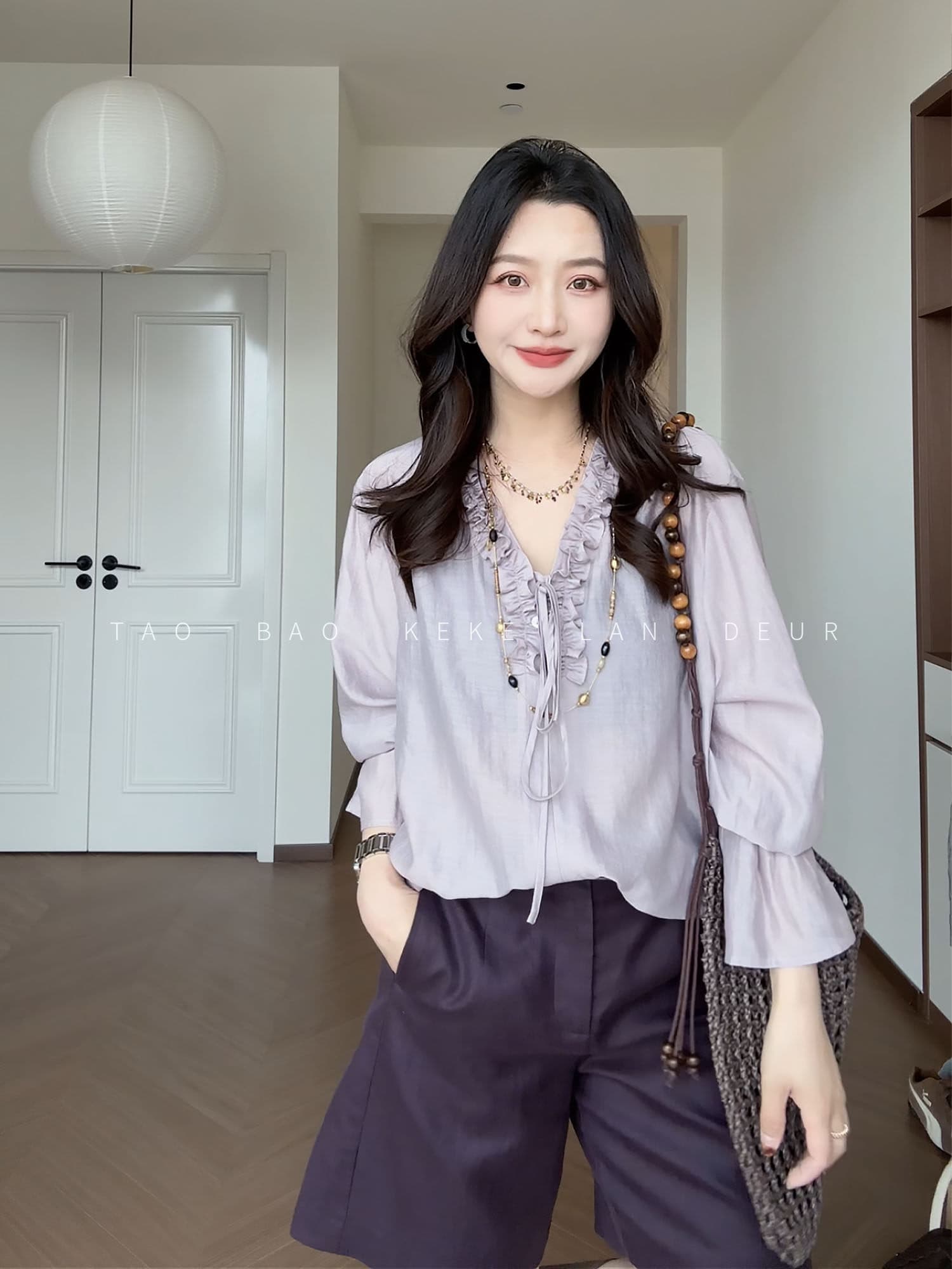 keke 흐름 연도 어둠 변경 여름 얇은 스타일 여성 셔츠 품격 우아함 프릴 칼라 레이스업 다용도 맨위 상세 이미지 4