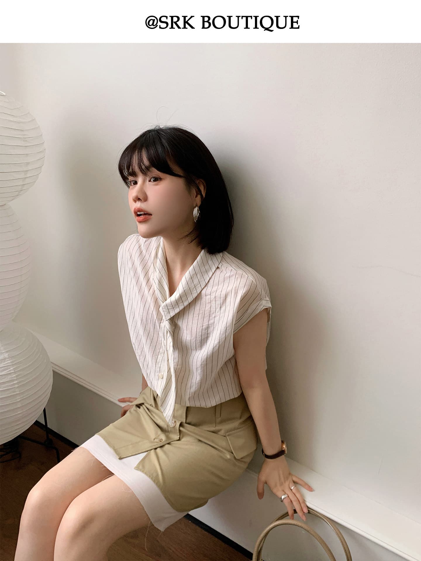 프랑스식 V넥 리본 스트라이프 셔츠 패션 루즈핏 슬림해 보이는 문예 미니멀리즘 작은 날다 소매 맨위 여성 이미지 4