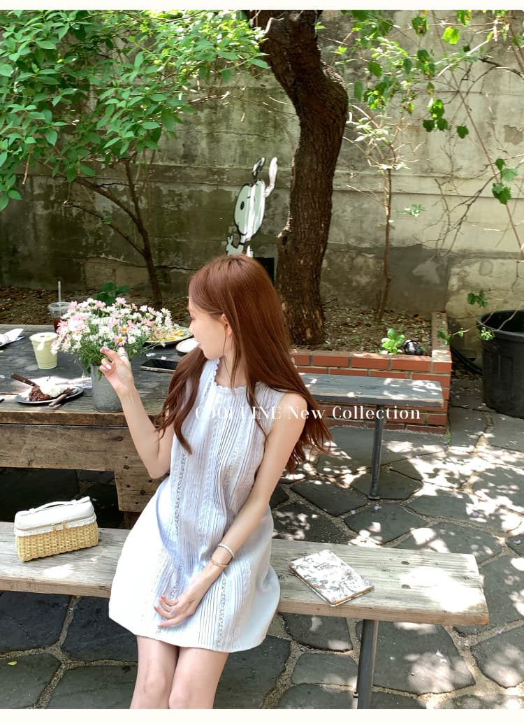 coolline 숲 희 하얀 배 물 하늘색 아마 레이스 여성 드레스 레이스업 슬림해 보이는 민소매 미니 스커트 상세 이미지 4