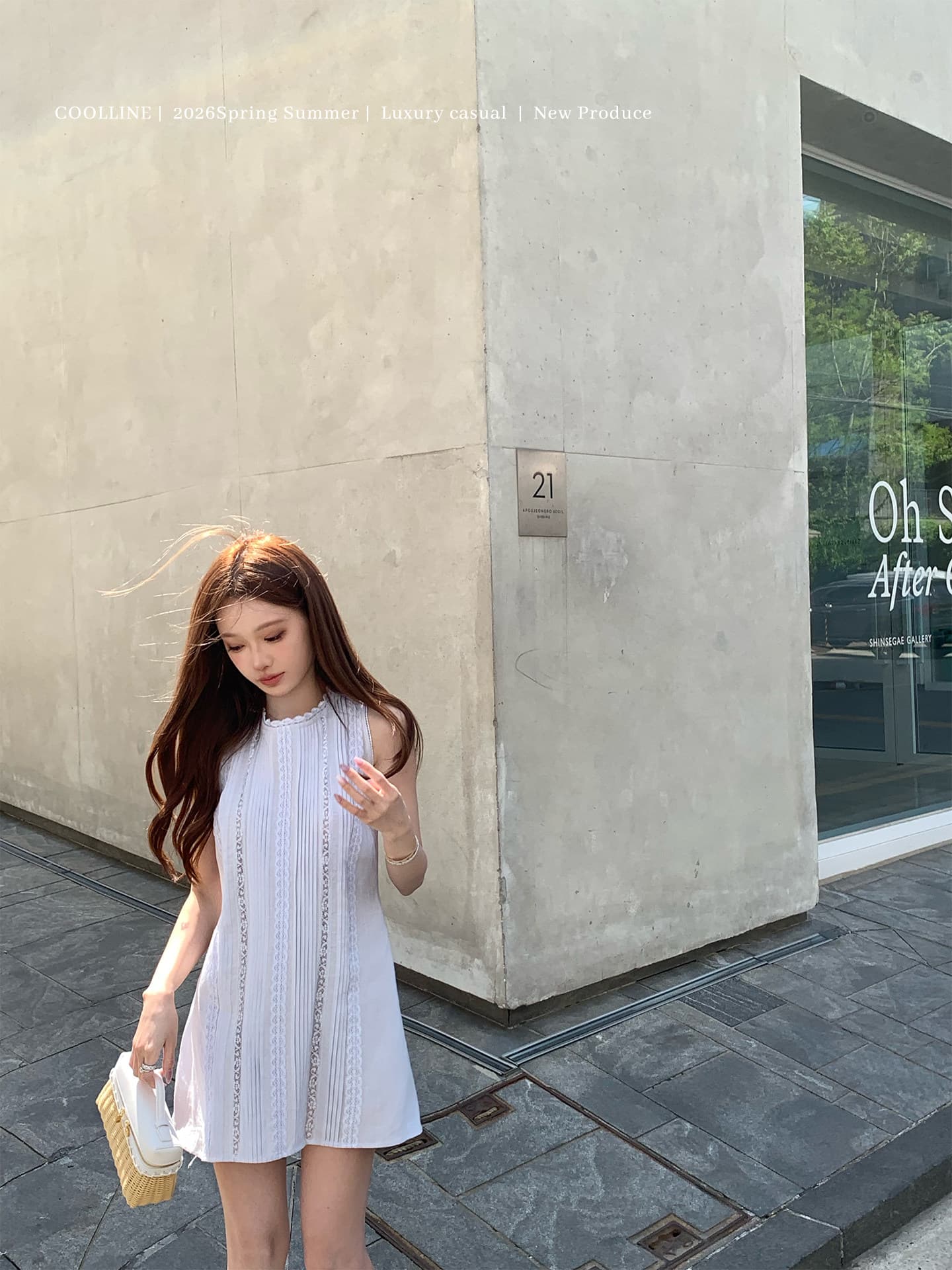 coolline 숲 희 하얀 배 물 하늘색 아마 레이스 여성 드레스 레이스업 슬림해 보이는 민소매 미니 스커트 상세 이미지 9