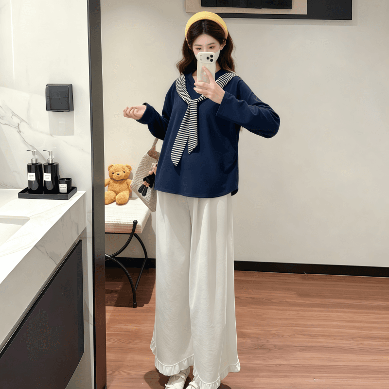 2026 실사 편안함 면 해군 칼라 리본 임산부 티셔츠 맨위 상세 이미지 2