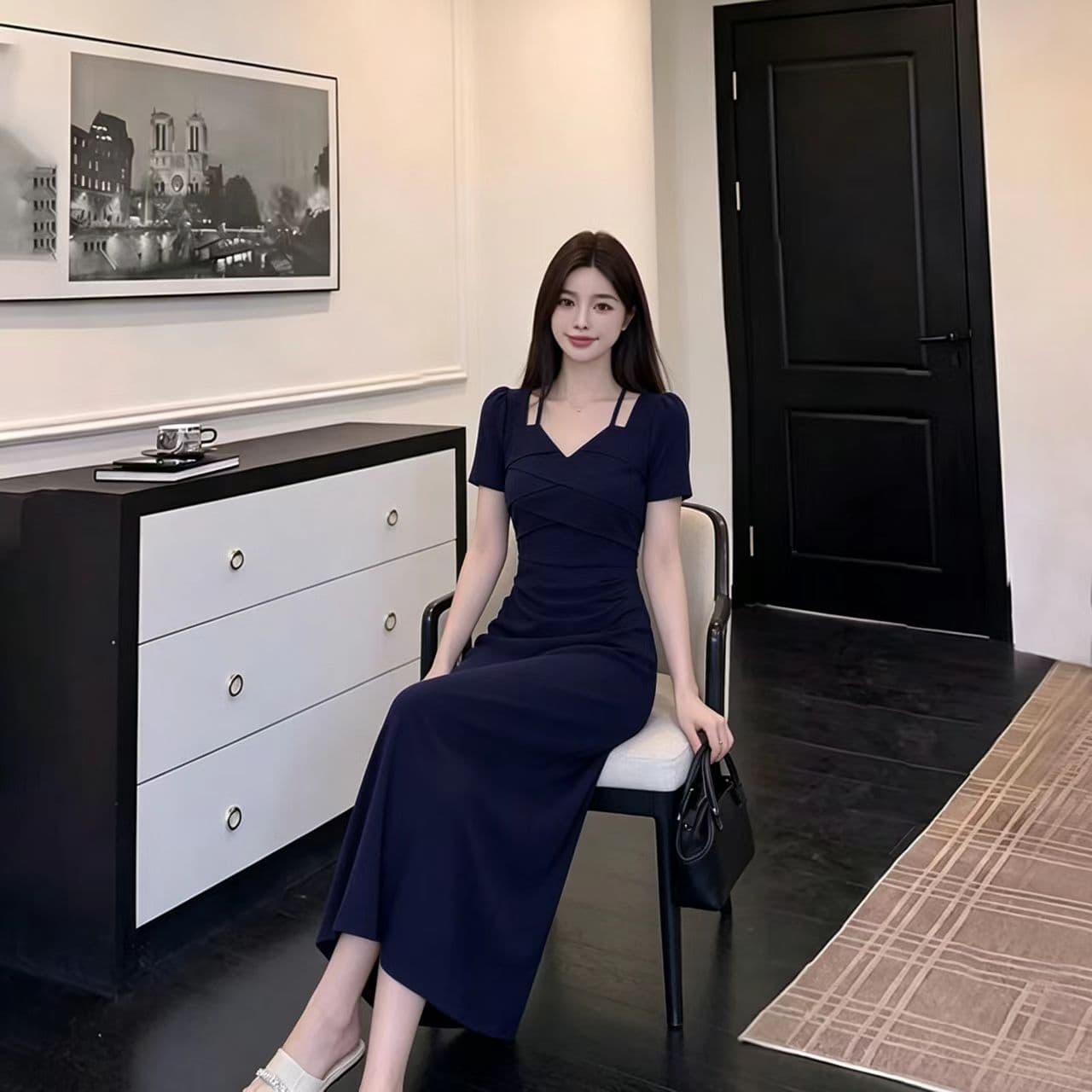 2026 여름 새로운 패션 다용도 한 부서 미니멀리즘 디자인 센스 반팔 드레스 프랑스식 작은 V넥 허리 수축 치마 상세 이미지 7