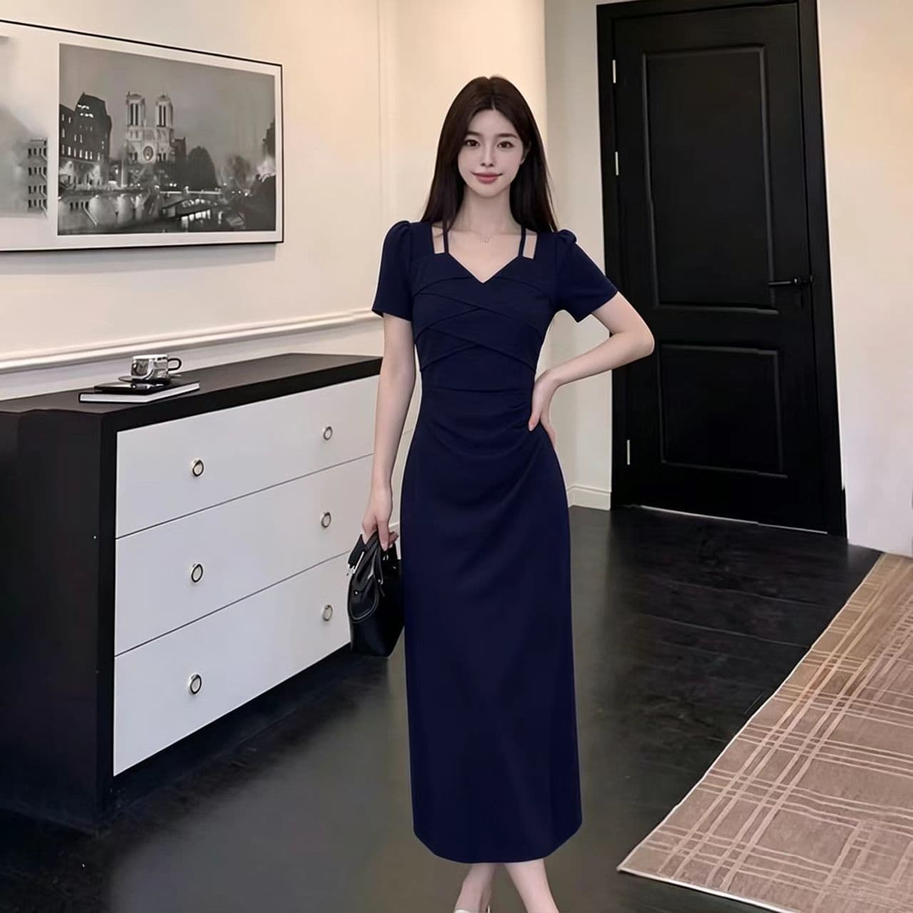 2026 여름 새로운 패션 다용도 한 부서 미니멀리즘 디자인 센스 반팔 드레스 프랑스식 작은 V넥 허리 수축 치마 상세 이미지 8