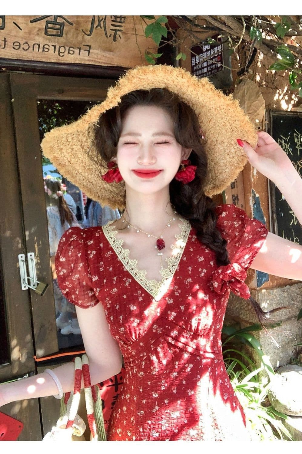 프랑스식 꽃무늬 레이스 조각 빨간색 휴가 드레스 외국 가스 다용도 품격 고급 2026 여름 새로운 롱 스커트 상세 이미지 13