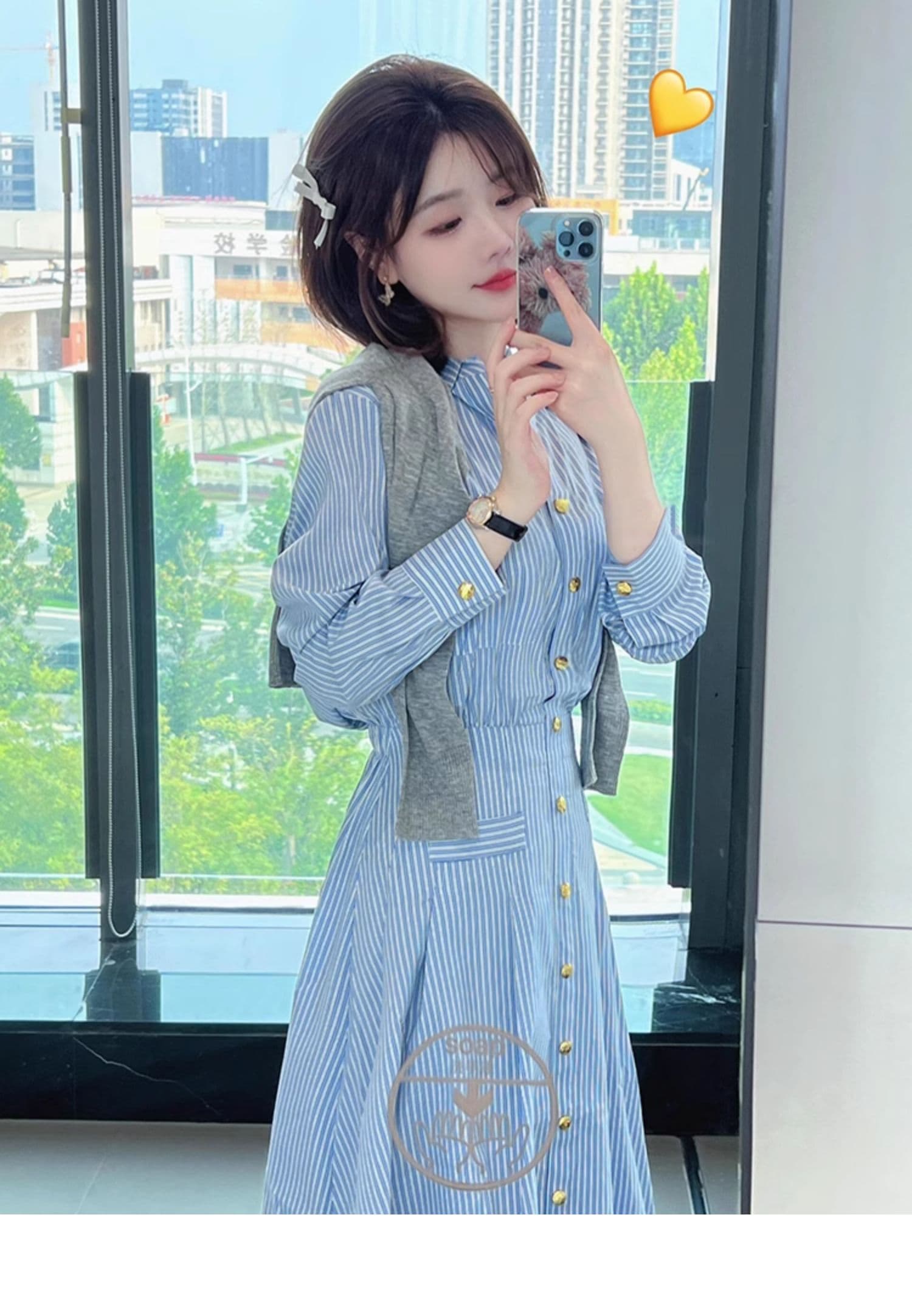2026 년 가을 새로운 블루 스트라이프 긴팔 셔츠 여성 드레스 프랑스식 품격 허리 수축 슬림해 보이는 롱 스커트 여성 상세 이미지 5