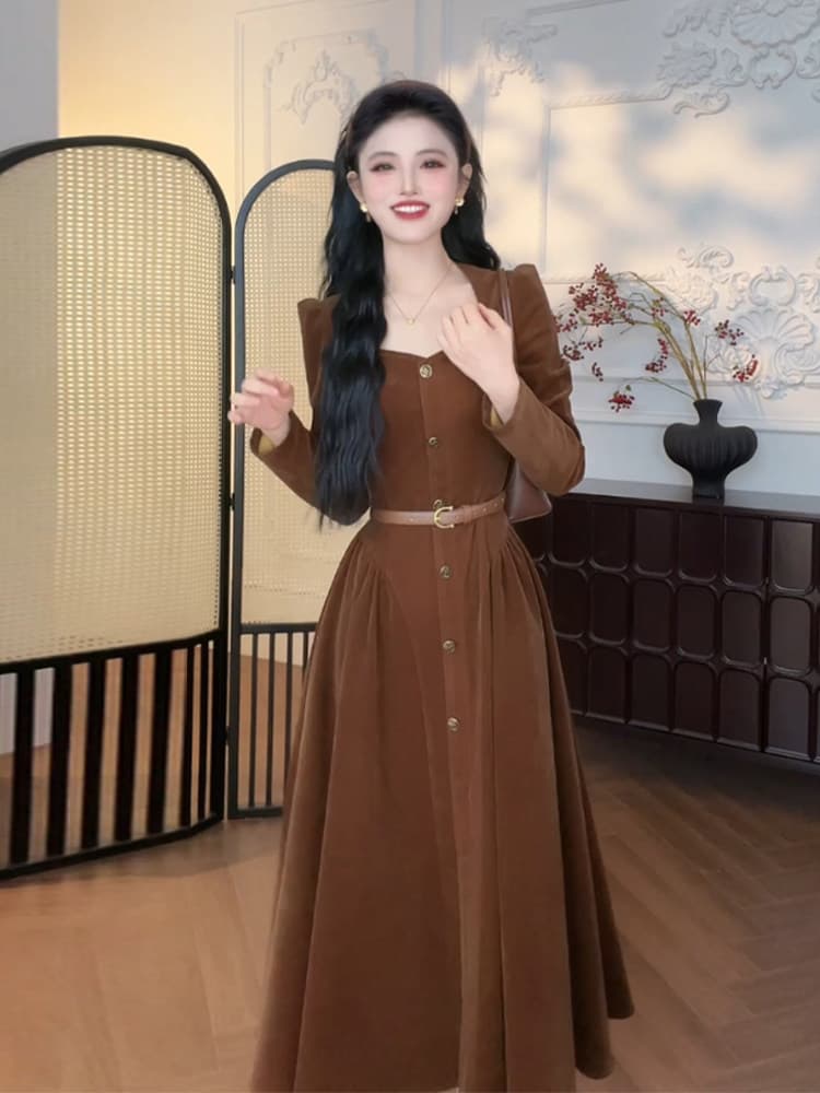 미니멀리즘 우아함 숙녀 코듀로이 허리 수축 여성 드레스 2026 년 가을 새로운 품격 고급 광장 칼라 롱 스커트 상세 이미지 6