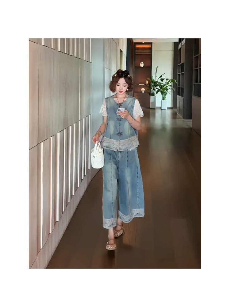 yolo 宥 루 안개 섬 2026 여름 마 오래된 워싱 부드러운 데님 레이스 싱글 착용 베스트 캐주얼 바지 투피스 세트 상세 이미지 3