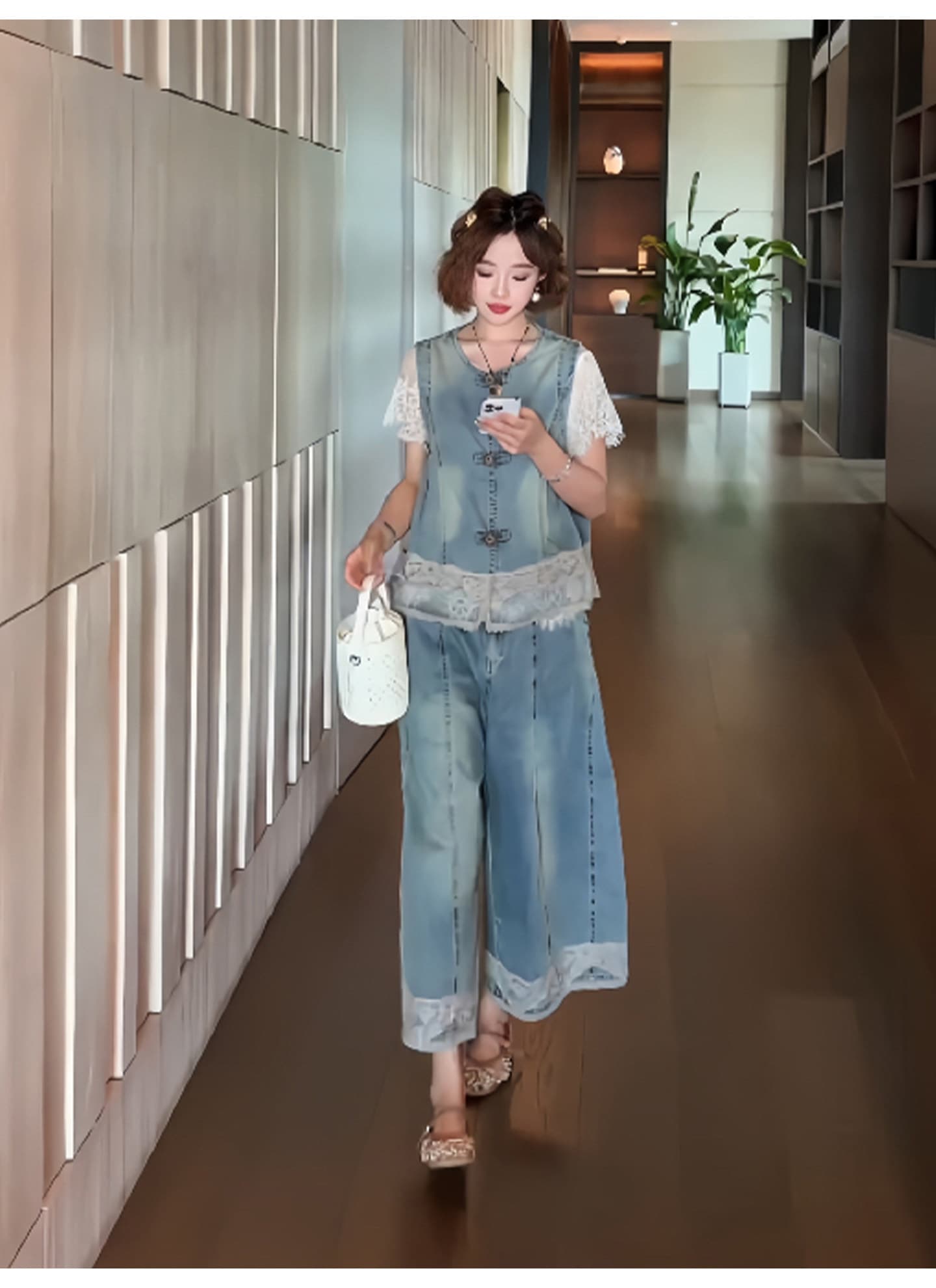 yolo 宥 루 안개 섬 2026 여름 마 오래된 워싱 부드러운 데님 레이스 싱글 착용 베스트 캐주얼 바지 투피스 세트 상세 이미지 7