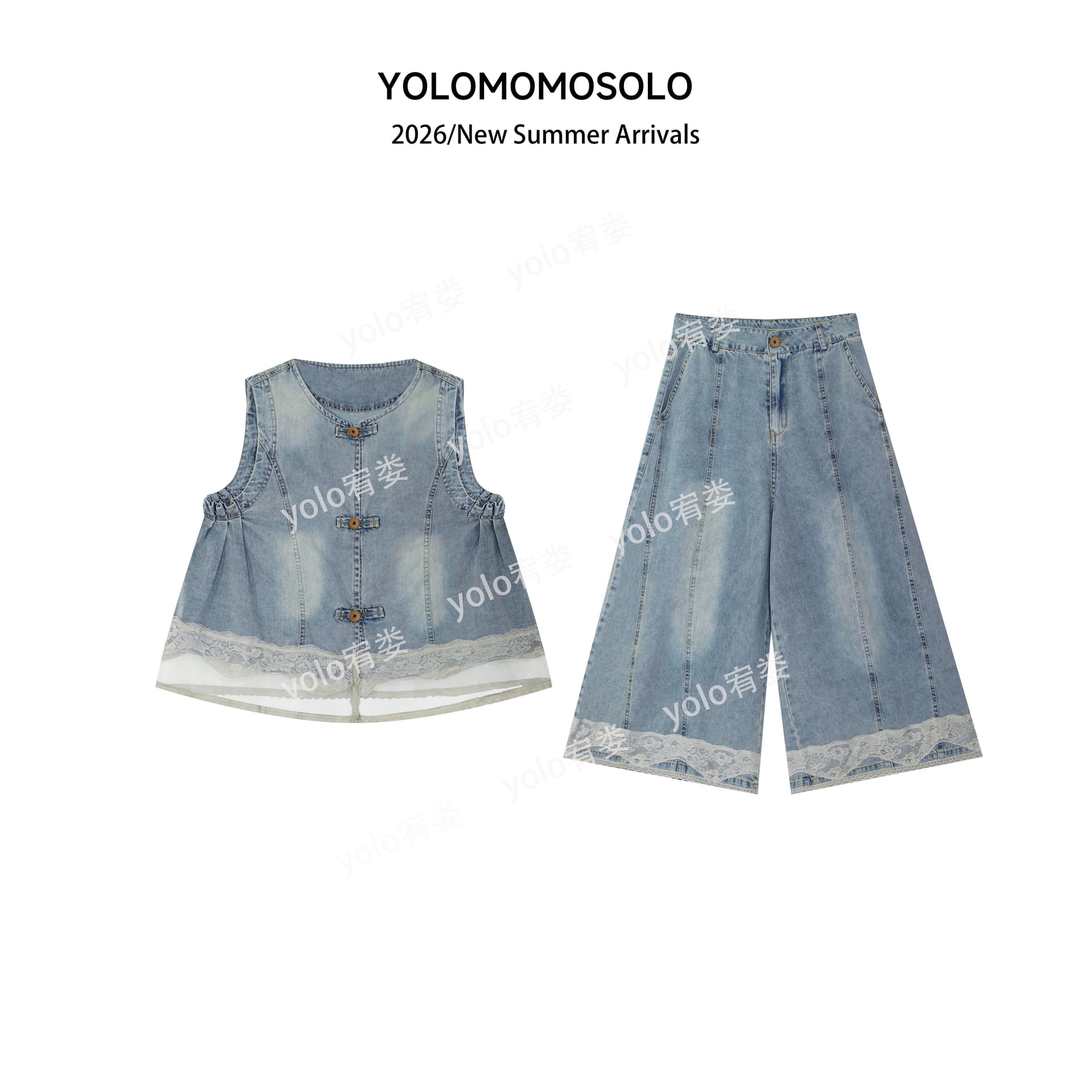 yolo 宥 루 안개 섬 2026 여름 마 오래된 워싱 부드러운 데님 레이스 싱글 착용 베스트 캐주얼 바지 투피스 세트 상세 이미지 9