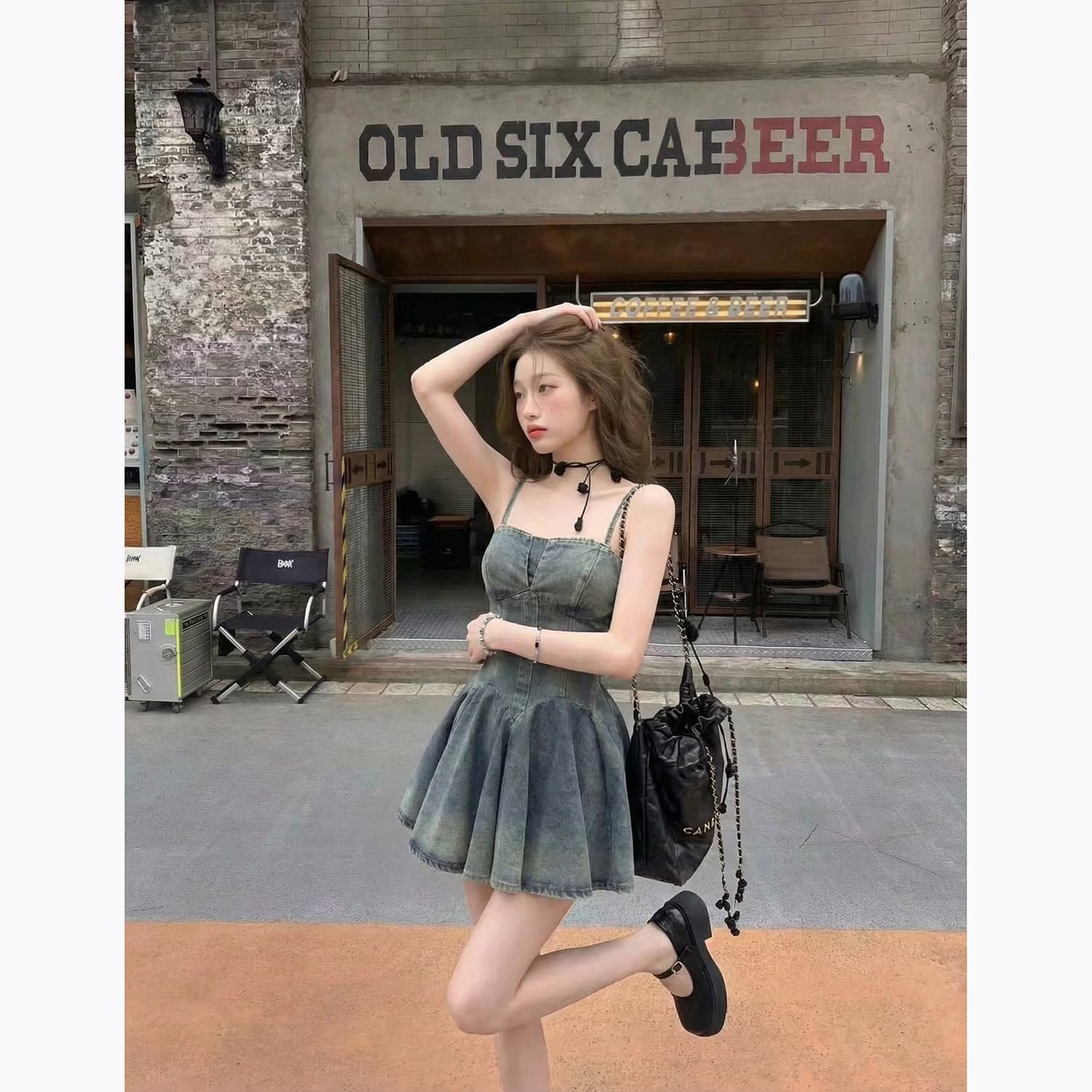 chenjiazhen 레트로 데님 슬립 여성 드레스 허리 허리 수축 불규칙 미니 스커트 디자인 센스 이미지 4