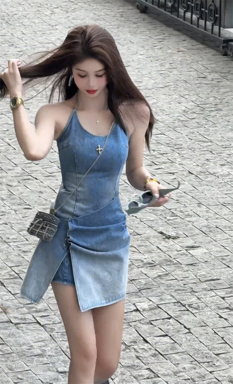핫걸 바람 데님 여성 드레스 2025 년 여름 새로운 라운드 넥 행침 목 단색 패치워크 트임 타이트 스커트 트렌디 상세 이미지 8