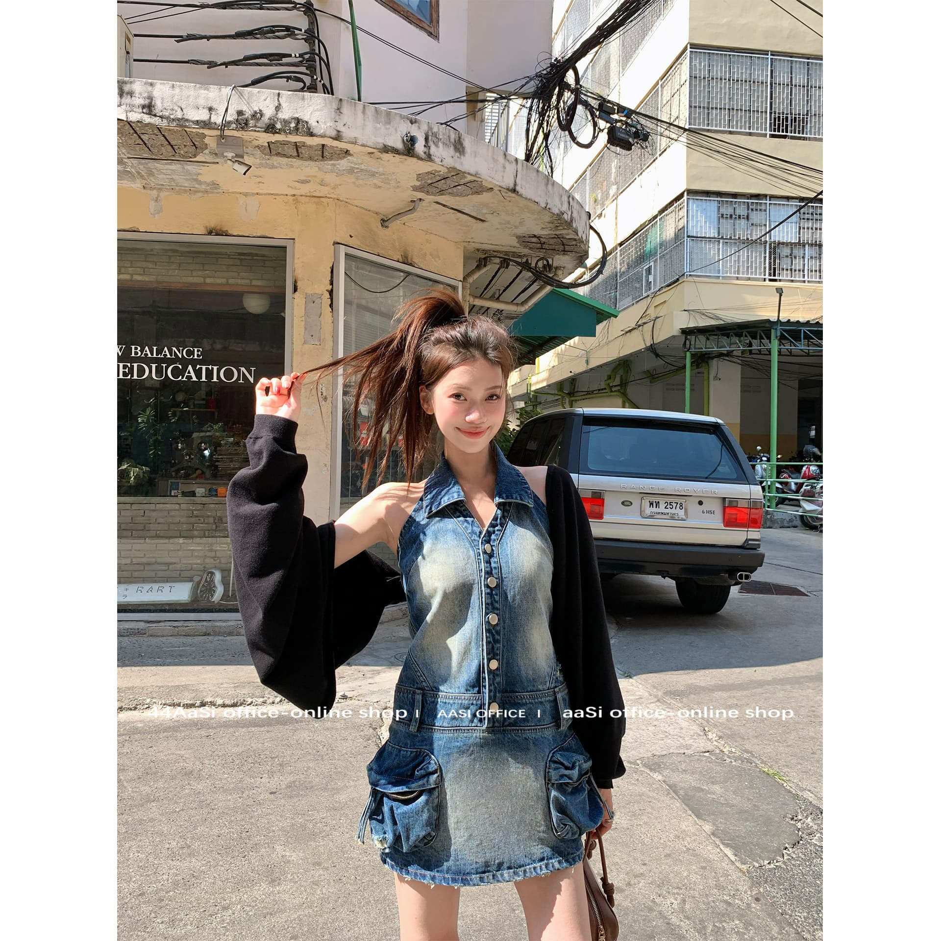 쇼 와 블루 아메리칸 고대 복장 센스 표지 고기 슬림해 보이는 백리스 행침 목 칼라 데님 드레스 이미지 2
