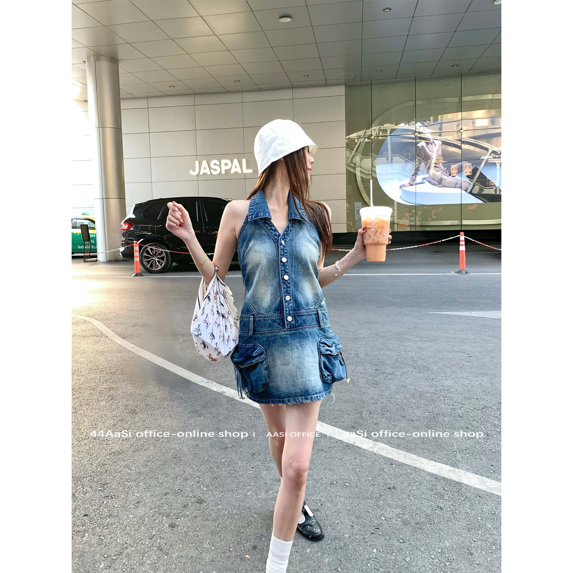 쇼 와 블루 아메리칸 고대 복장 센스 표지 고기 슬림해 보이는 백리스 행침 목 칼라 데님 드레스 이미지 4