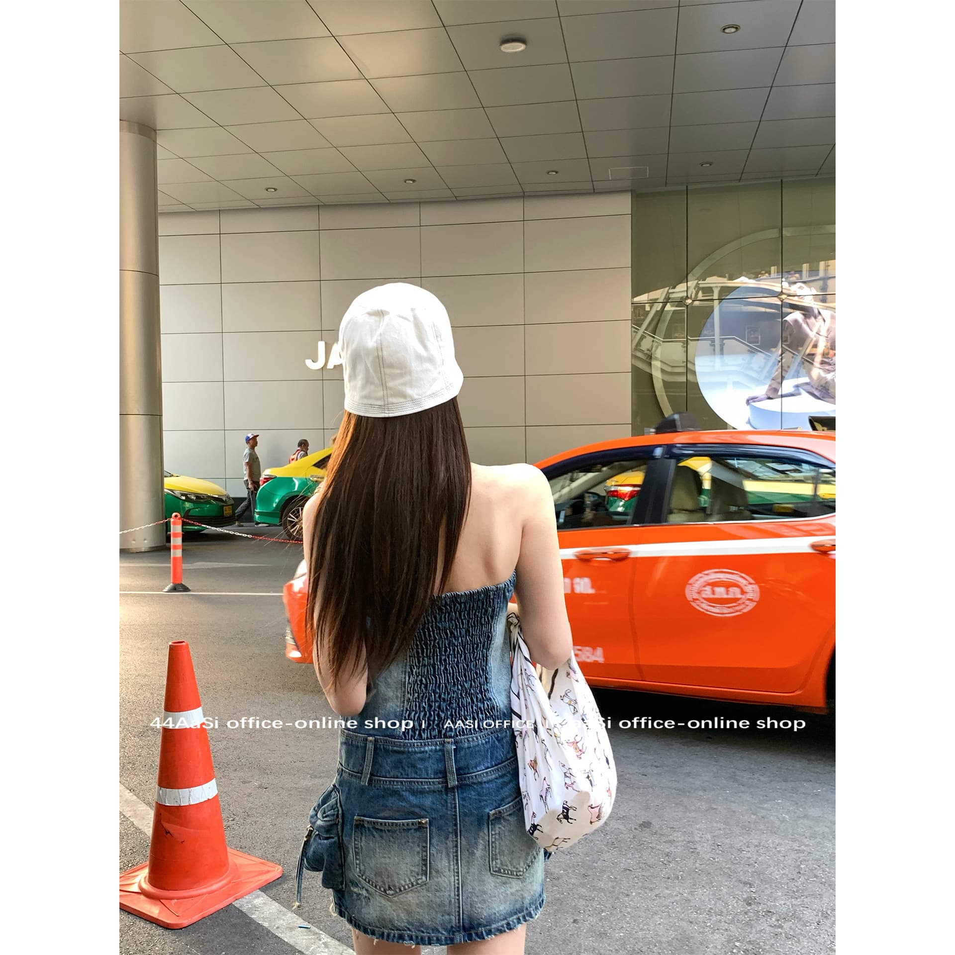 쇼 와 블루 아메리칸 고대 복장 센스 표지 고기 슬림해 보이는 백리스 행침 목 칼라 데님 드레스 이미지 5