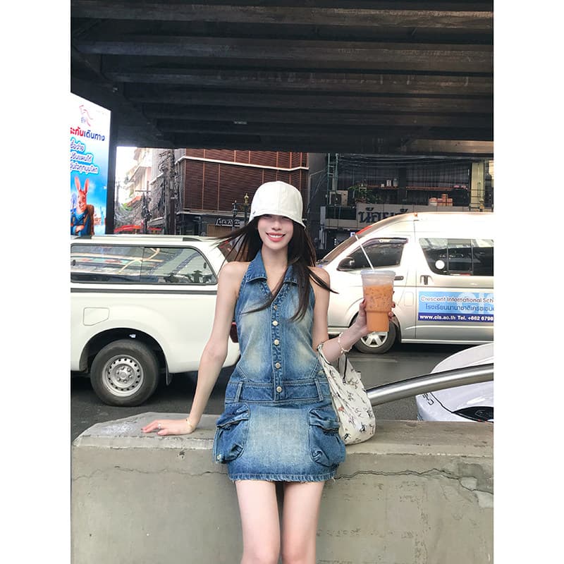 쇼 와 블루 아메리칸 고대 복장 센스 표지 고기 슬림해 보이는 백리스 행침 목 칼라 데님 드레스 상세 이미지 1