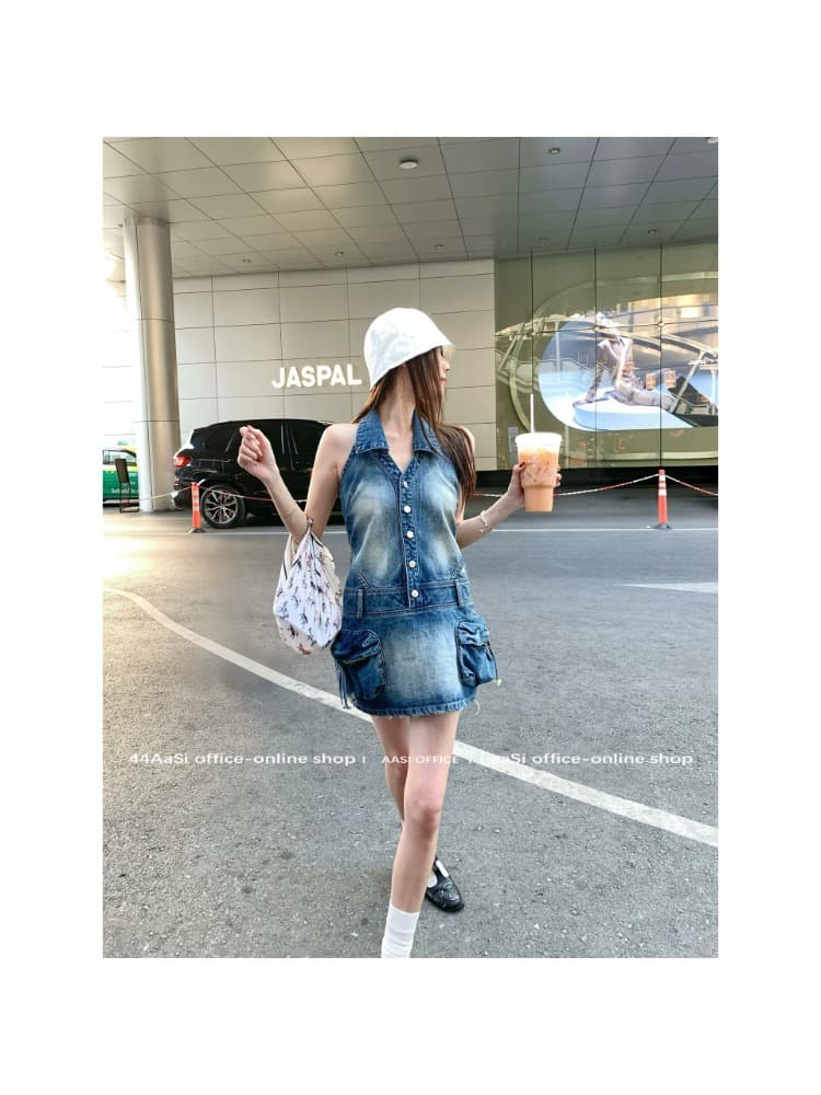 쇼 와 블루 아메리칸 고대 복장 센스 표지 고기 슬림해 보이는 백리스 행침 목 칼라 데님 드레스 상세 이미지 2