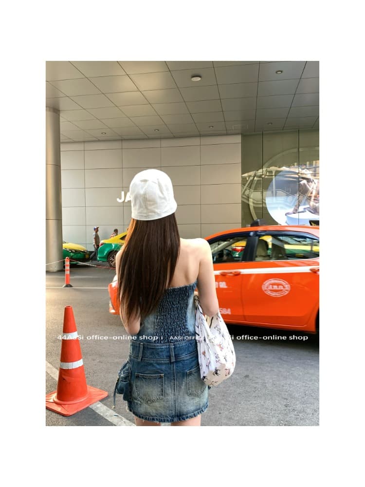 쇼 와 블루 아메리칸 고대 복장 센스 표지 고기 슬림해 보이는 백리스 행침 목 칼라 데님 드레스 상세 이미지 3