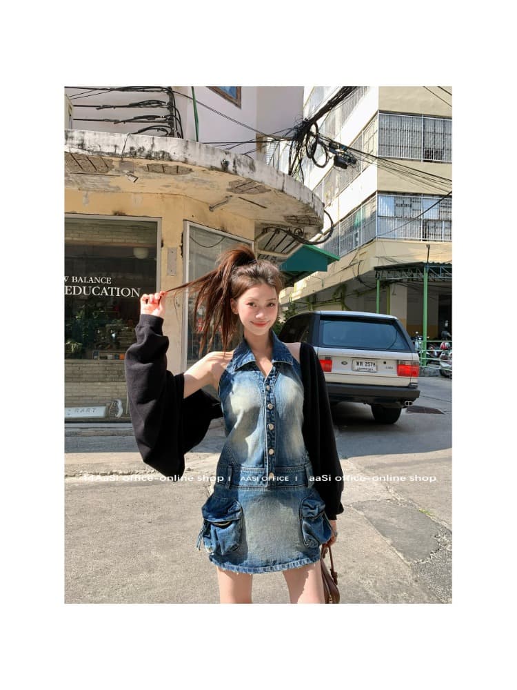 쇼 와 블루 아메리칸 고대 복장 센스 표지 고기 슬림해 보이는 백리스 행침 목 칼라 데님 드레스 상세 이미지 4