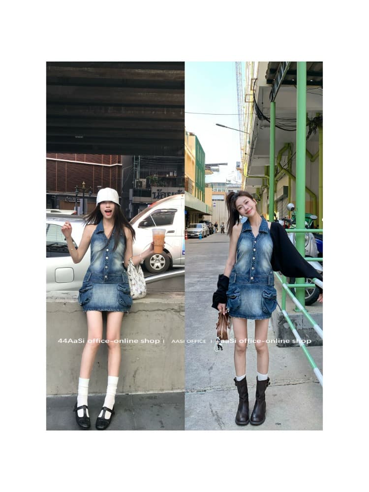 쇼 와 블루 아메리칸 고대 복장 센스 표지 고기 슬림해 보이는 백리스 행침 목 칼라 데님 드레스 상세 이미지 5