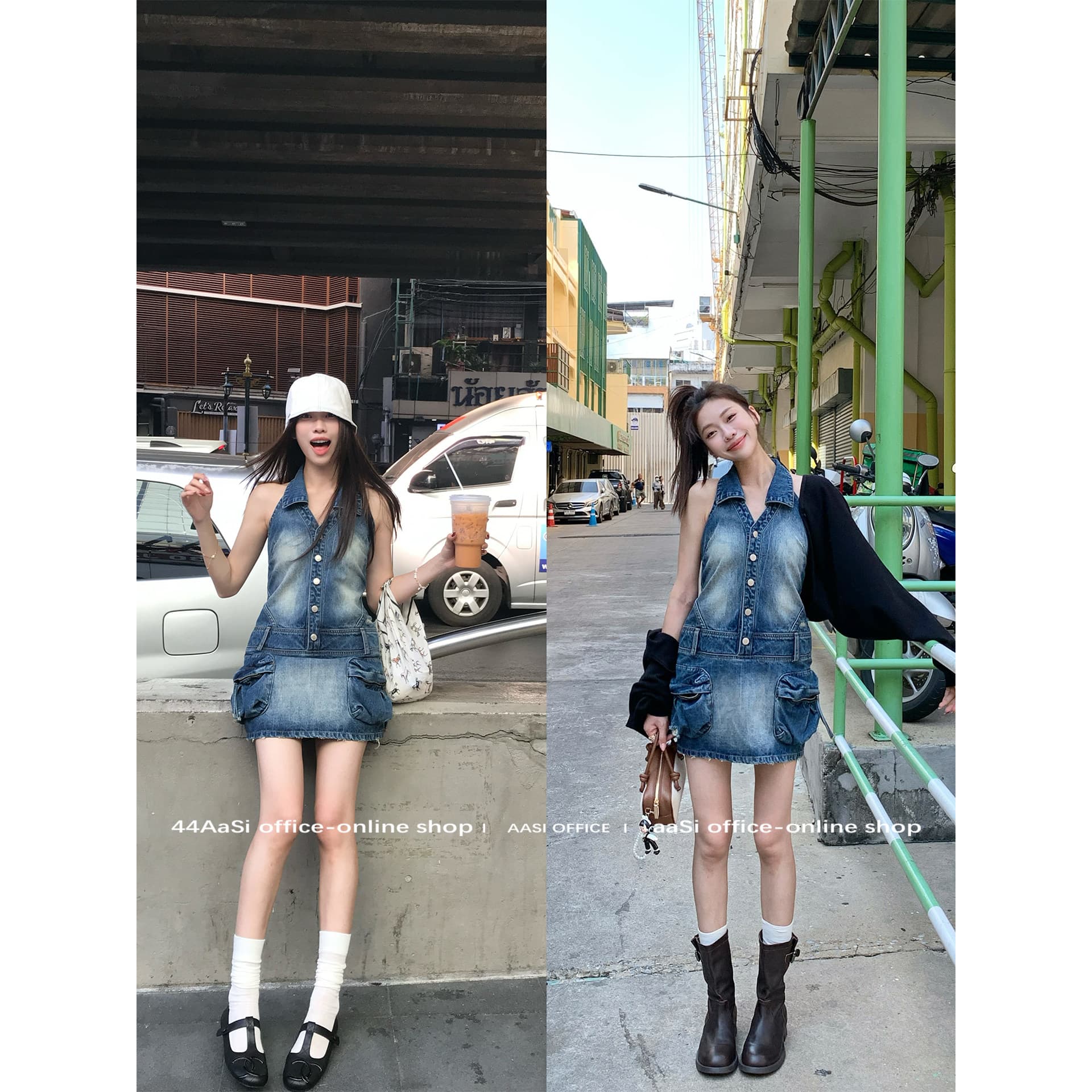 쇼 와 블루 아메리칸 고대 복장 센스 표지 고기 슬림해 보이는 백리스 행침 목 칼라 데님 드레스 상세 이미지 7