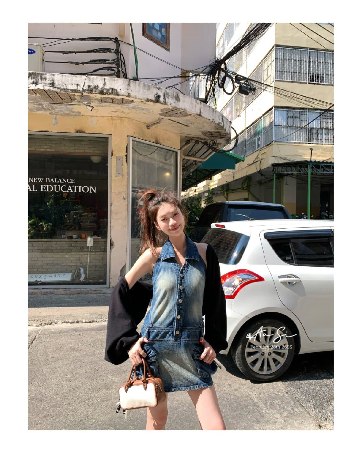 쇼 와 블루 아메리칸 고대 복장 센스 표지 고기 슬림해 보이는 백리스 행침 목 칼라 데님 드레스 상세 이미지 18