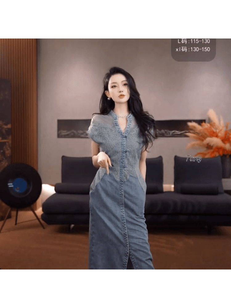 동양의 국풍 레이스 조각 데님 여성 드레스 허리 수축 슬림해 보이는 중간 길이 스커트 스커트 2026 여름 얇은 스타일 치마 상세 이미지 4