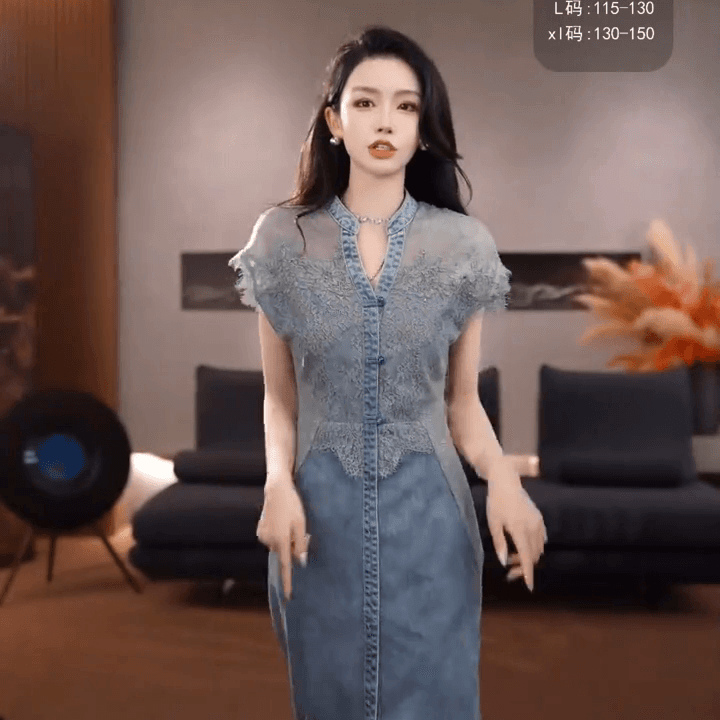 동양의 국풍 레이스 조각 데님 여성 드레스 허리 수축 슬림해 보이는 중간 길이 스커트 스커트 2026 여름 얇은 스타일 치마 상세 이미지 5