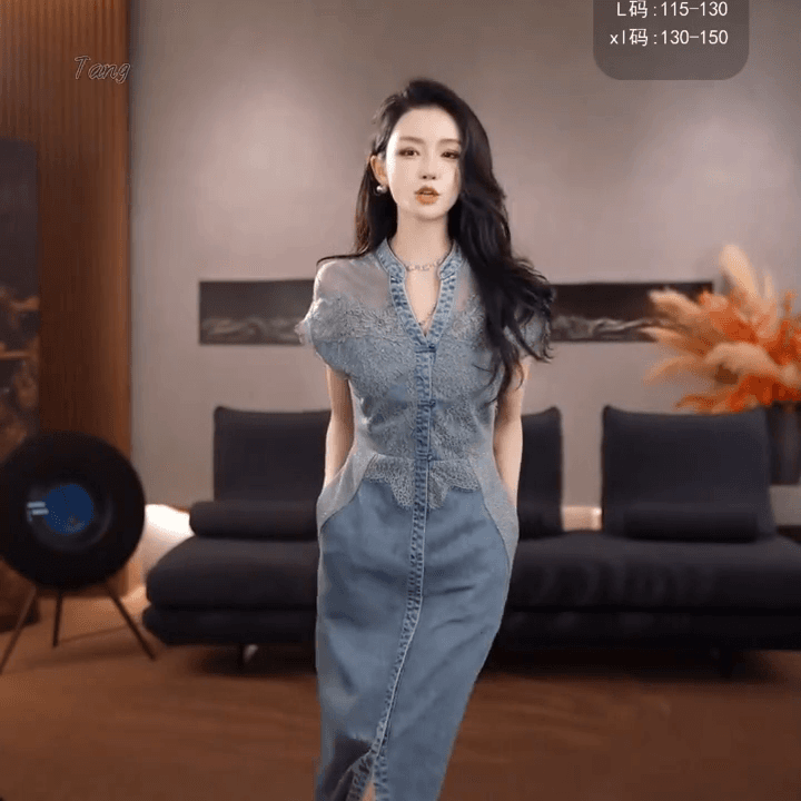 동양의 국풍 레이스 조각 데님 여성 드레스 허리 수축 슬림해 보이는 중간 길이 스커트 스커트 2026 여름 얇은 스타일 치마 상세 이미지 6