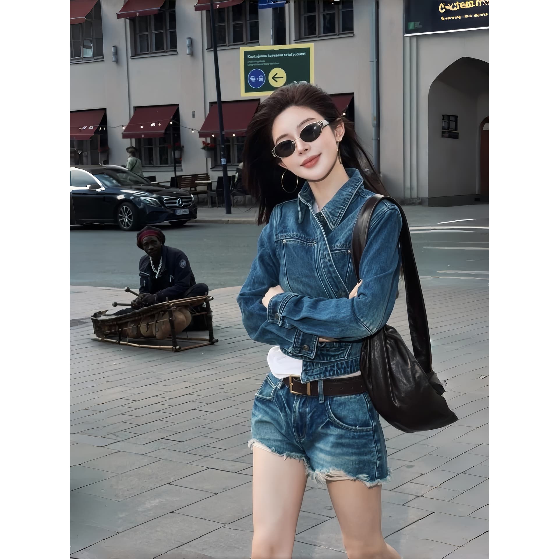 아 더블 asfo 지사 폴로 칼라 막대기 가방 몸매 가꾸기 워싱 데님 쇼트 스타일 여성 코트 이미지 4