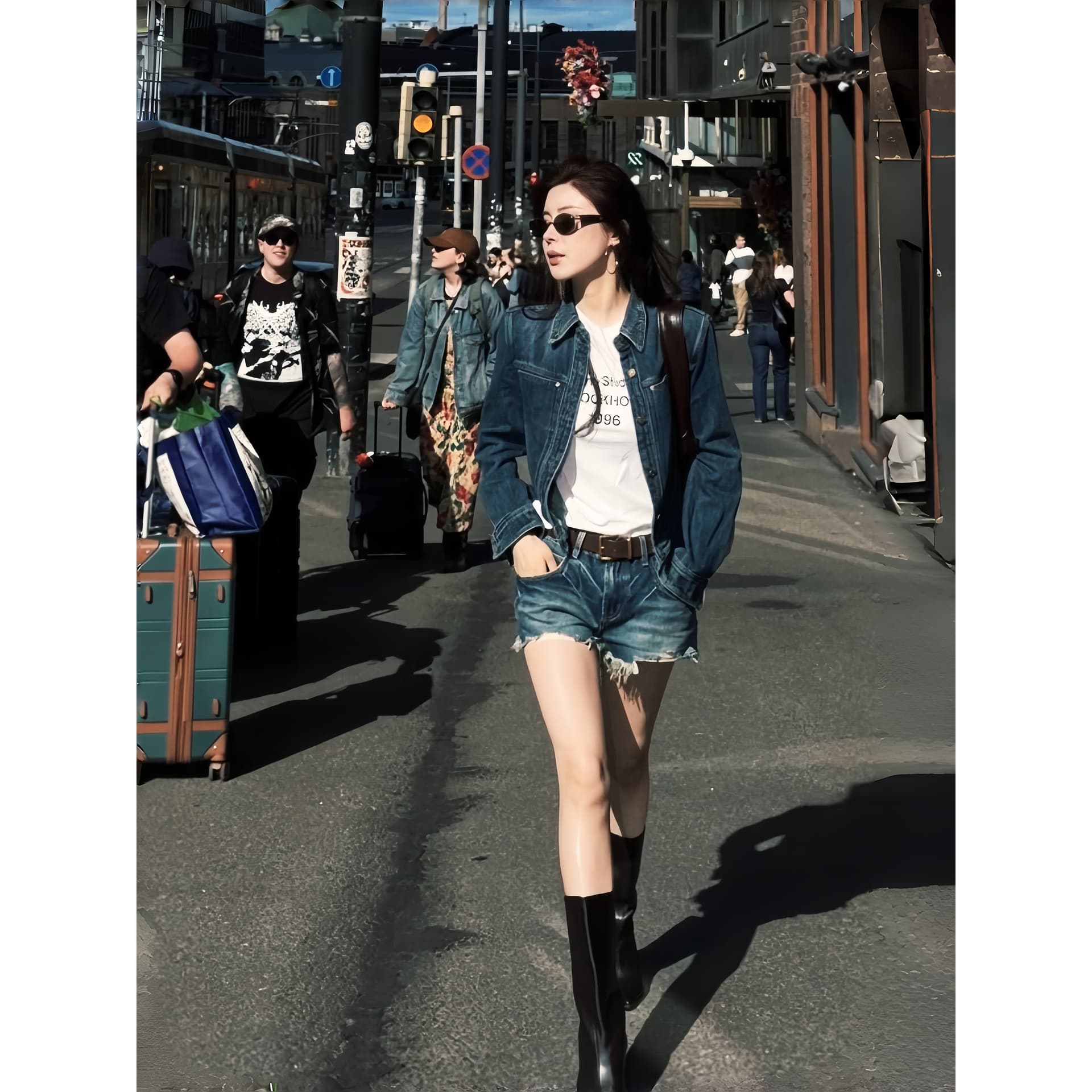 아 더블 asfo 지사 폴로 칼라 막대기 가방 몸매 가꾸기 워싱 데님 쇼트 스타일 여성 코트 상세 이미지 3
