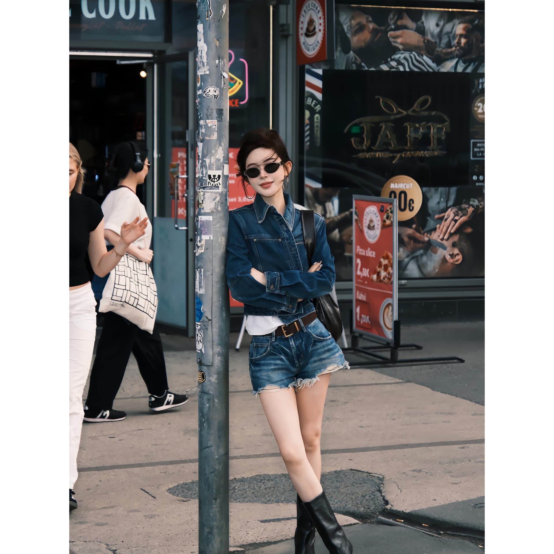 아 더블 asfo 지사 폴로 칼라 막대기 가방 몸매 가꾸기 워싱 데님 쇼트 스타일 여성 코트 상세 이미지 6