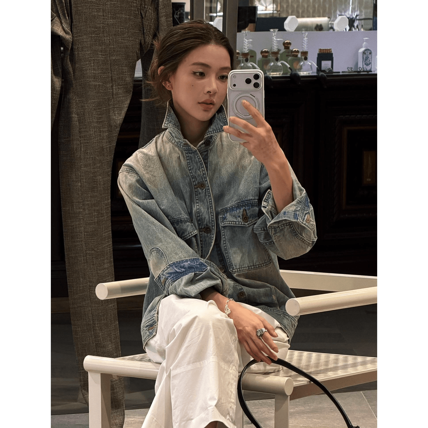 rher studio 시애틀 시간 마 오래된 워싱 스탠드 칼라 폴로 칼라 다용도 슬림해 보이는 데님 재킷 상세 이미지 5