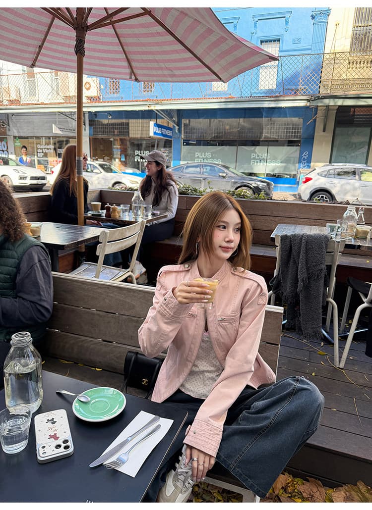 tongiiuu 아메리칸 게이머 레트로 워싱 스탠드 칼라 긍정적 인 어깨 짧은 외투 여성 짧은 캐주얼 재킷 맨위 가을 상세 이미지 4