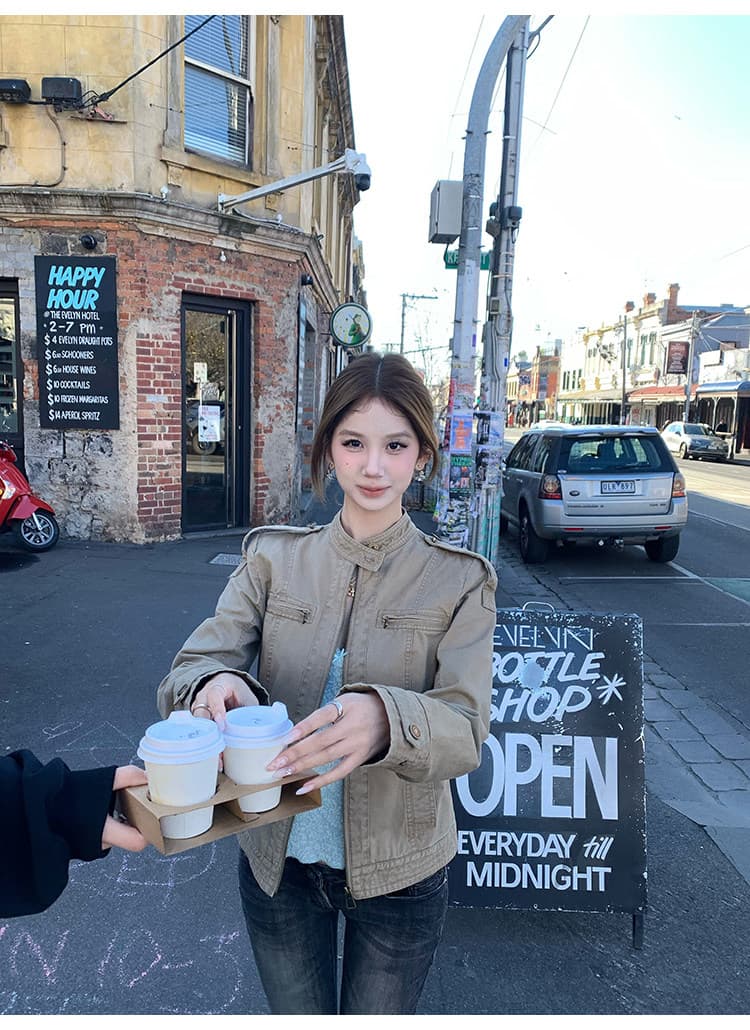 tongiiuu 아메리칸 게이머 레트로 워싱 스탠드 칼라 긍정적 인 어깨 짧은 외투 여성 짧은 캐주얼 재킷 맨위 가을 상세 이미지 11