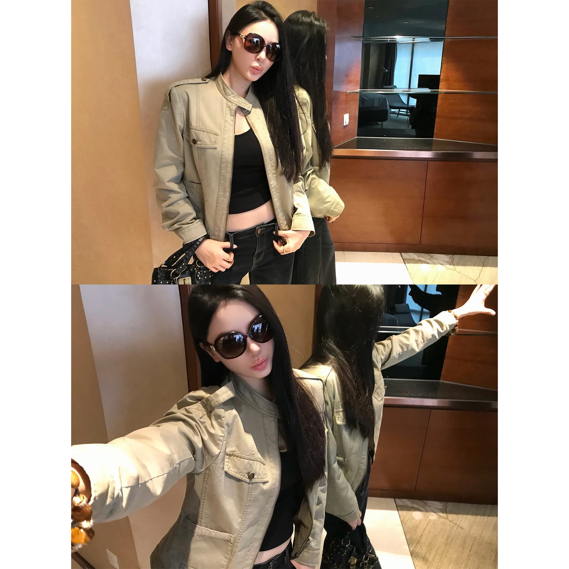주 淼 zhoumiao 아메리칸 vtg 니켈 맛 레트로 마 오래된 오토바이 짧은 여성 코트 스탠드 칼라 워크웨어 재킷 이미지 2
