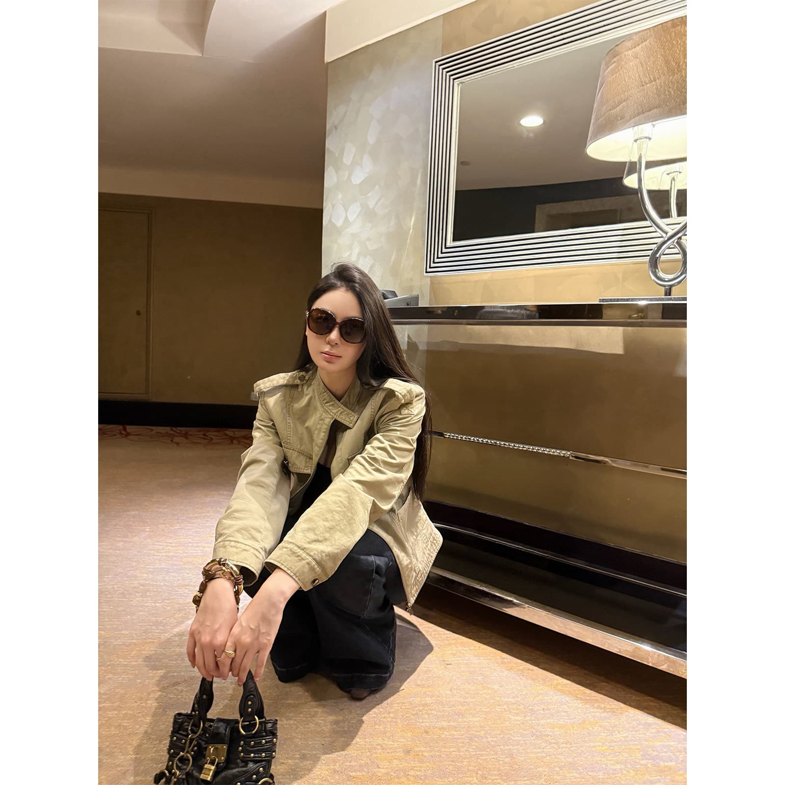 주 淼 zhoumiao 아메리칸 vtg 니켈 맛 레트로 마 오래된 오토바이 짧은 여성 코트 스탠드 칼라 워크웨어 재킷 상세 이미지 11