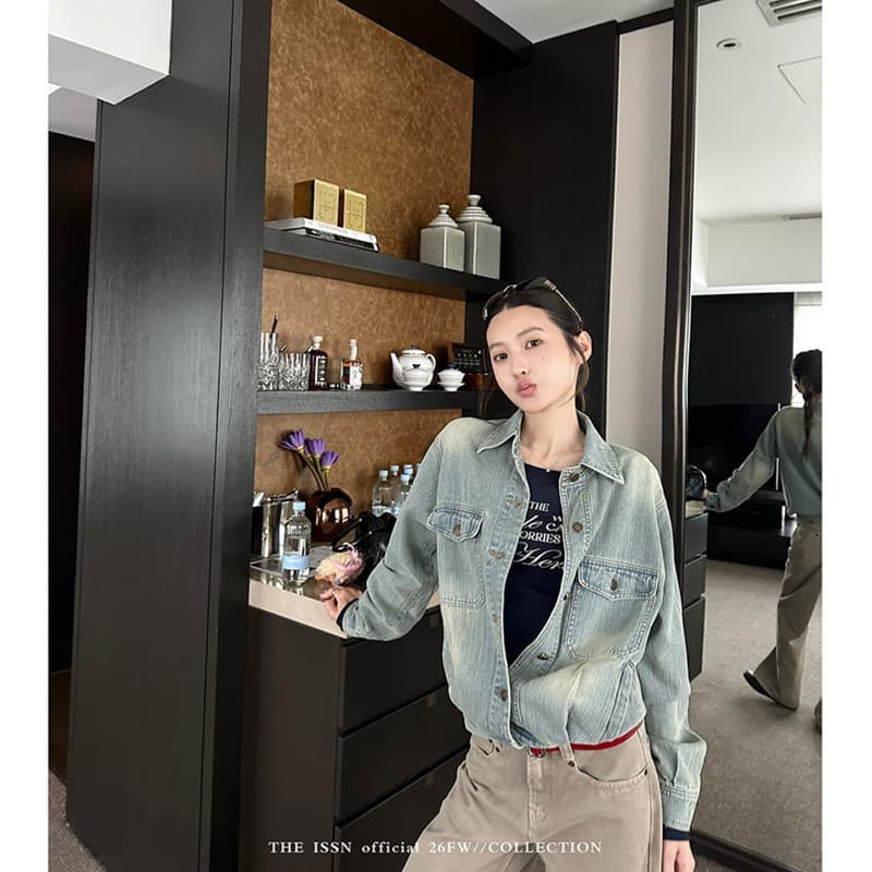 닝 부문 폴로 칼라 주머니 워시 물 마 오래된 데님 여성 코트 가을 캐주얼 루즈핏 외부 가져 가라. 슬림해 보이는 오픈 가디건 맨위 이미지 6