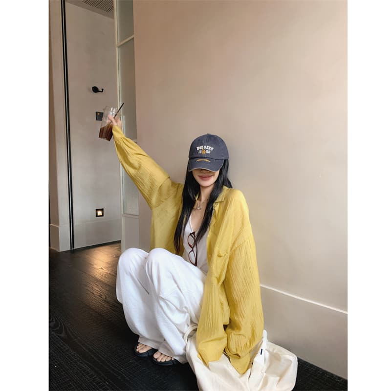 실사 오래된 돈 바람 루즈핏 느긋한 자외선 차단 황색 셔츠 화이트 노인 조끼 화이트 와이드 레그 팬츠 이미지 5