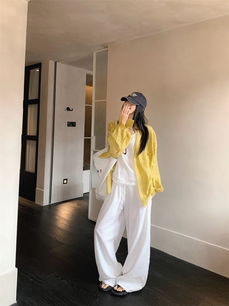 실사 오래된 돈 바람 루즈핏 느긋한 자외선 차단 황색 셔츠 화이트 노인 조끼 화이트 와이드 레그 팬츠 상세 이미지 2