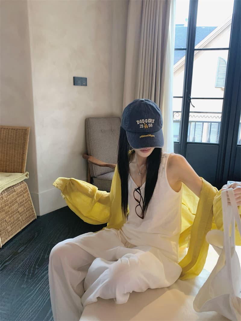 실사 오래된 돈 바람 루즈핏 느긋한 자외선 차단 황색 셔츠 화이트 노인 조끼 화이트 와이드 레그 팬츠 상세 이미지 7