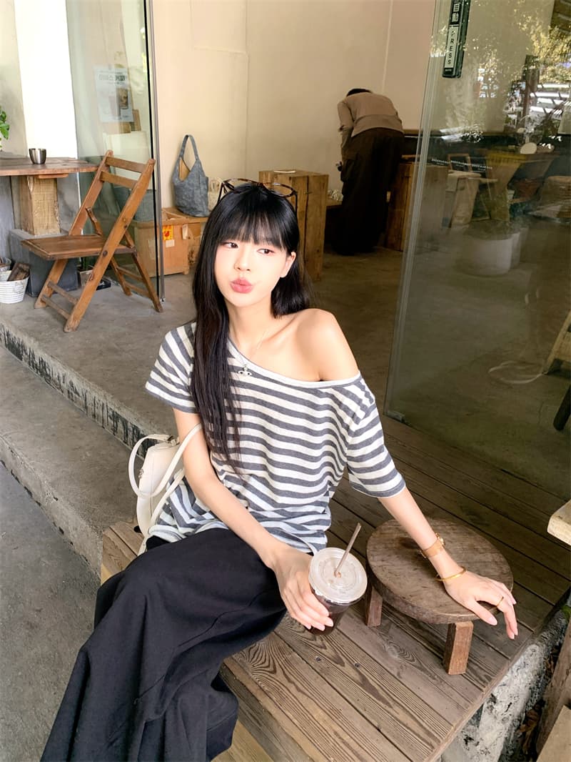 지금 실사 오래된 돈 바람 마 센스 오프숄더 스트라이프 티셔츠 비스듬한 어깨 여름 반팔 맨위 상세 이미지 23