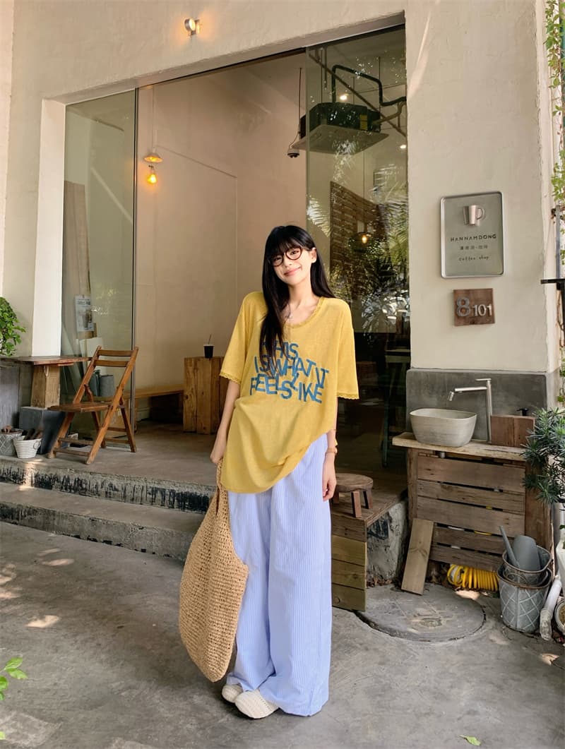 있음 선적 실사 한 부서 눈꽃 면 알파벳 루즈핏 레이스 V넥 티셔츠 느긋한 스트라이프 캐주얼 바지 세트 상세 이미지 4