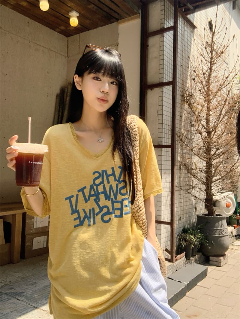 있음 선적 실사 한 부서 눈꽃 면 알파벳 루즈핏 레이스 V넥 티셔츠 느긋한 스트라이프 캐주얼 바지 세트 상세 이미지 20