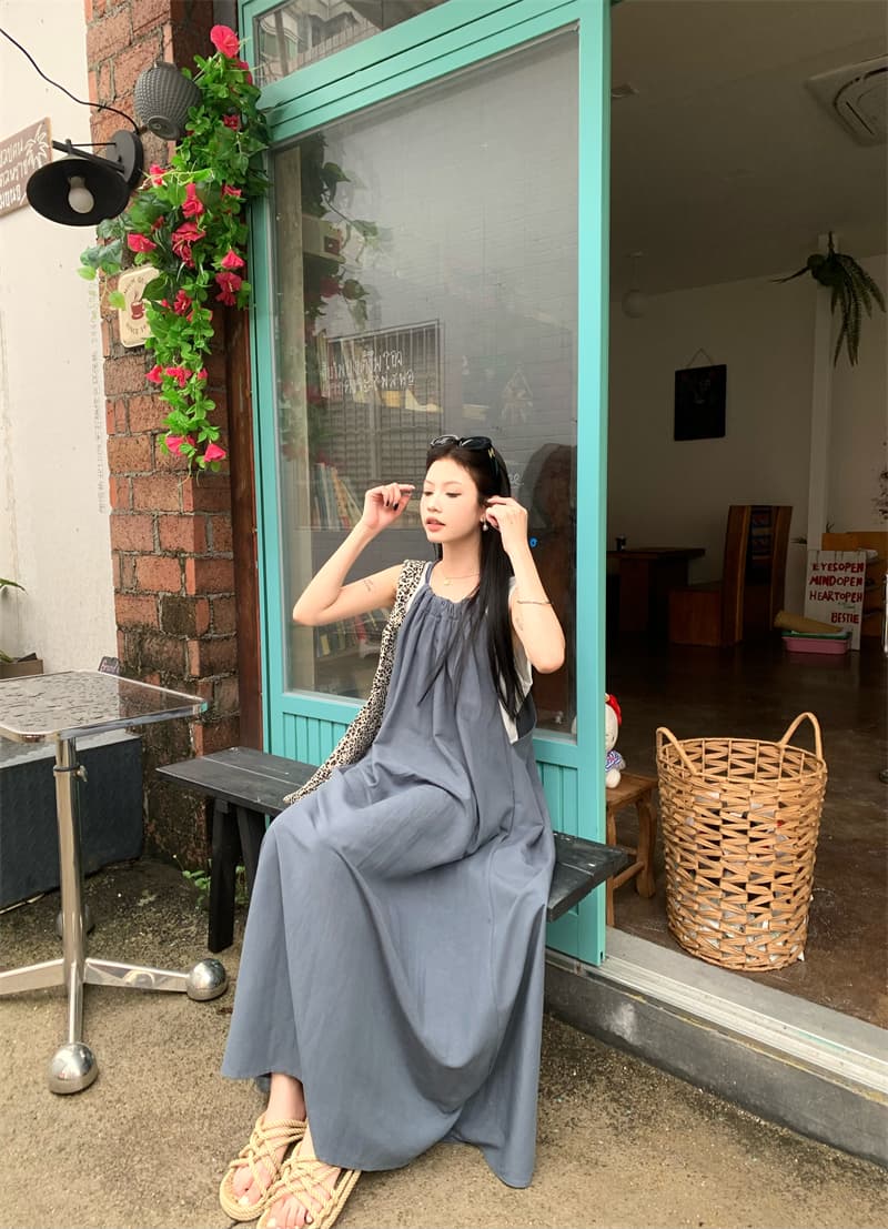 있음 선적 실사 여름 휴가 바람 드레스 편안함 느긋한 바람 펌프 로프 디자인 센스 슬립 롱 스커트 조끼 이미지 4