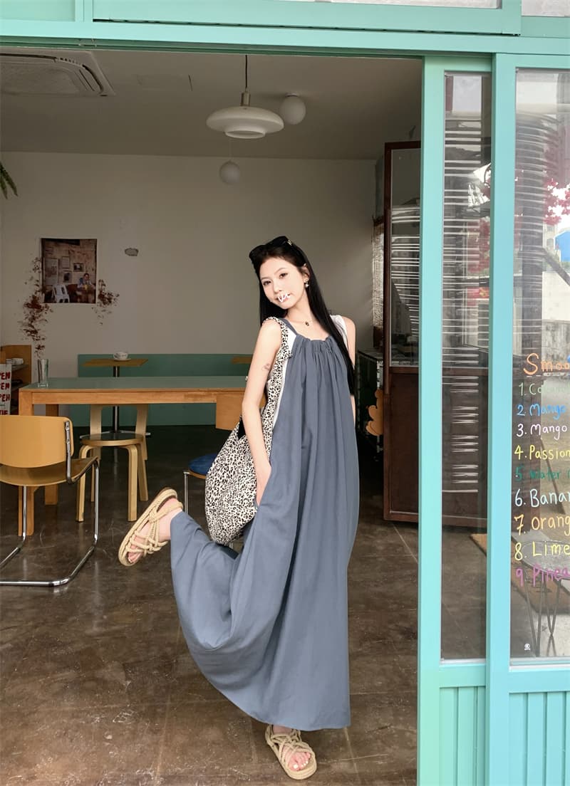 있음 선적 실사 여름 휴가 바람 드레스 편안함 느긋한 바람 펌프 로프 디자인 센스 슬립 롱 스커트 조끼 상세 이미지 11