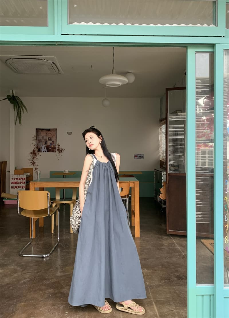 있음 선적 실사 여름 휴가 바람 드레스 편안함 느긋한 바람 펌프 로프 디자인 센스 슬립 롱 스커트 조끼 상세 이미지 13