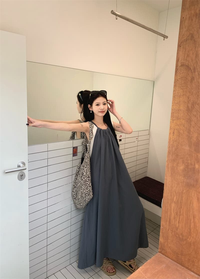 있음 선적 실사 여름 휴가 바람 드레스 편안함 느긋한 바람 펌프 로프 디자인 센스 슬립 롱 스커트 조끼 상세 이미지 14
