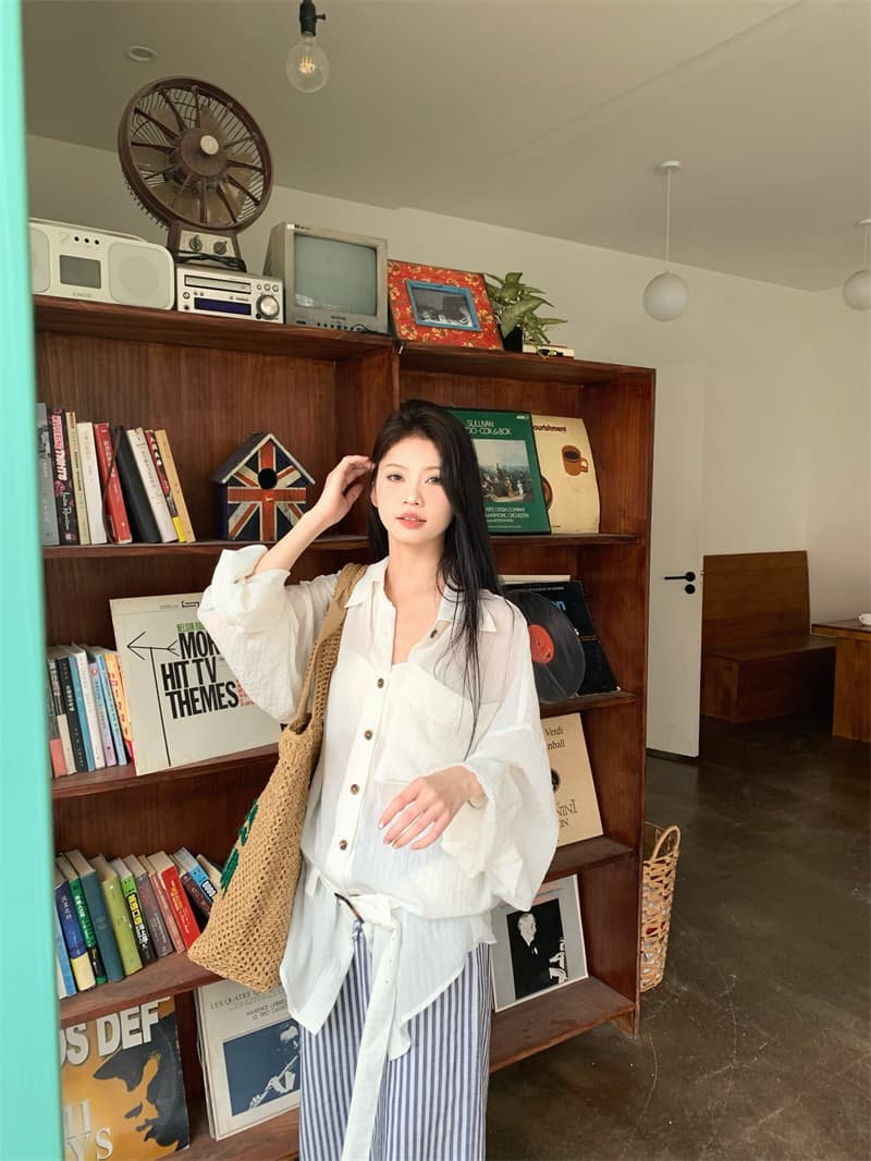 지금 실사 느긋한 바람 마이크로 ~을 통해 얇은 스타일 자외선 차단 화이트 중간 길이 허리 수축 셔츠 맨위 스트라이프 캐주얼 바지 상세 이미지 13