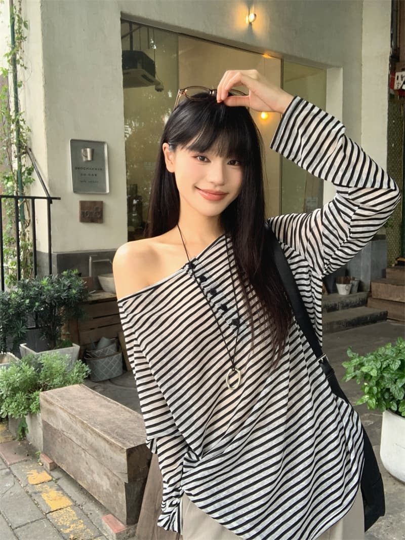 실사 정가 한 부서 여름 고급 센스 오프숄더 얇은 스타일 자외선 차단 스트라이프 슬림해 보이는 기본 셔츠 티셔츠 상세 이미지 8